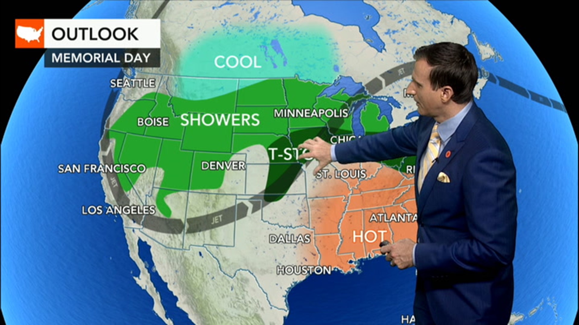 While heat bakes the South, rain and thunderstorms threaten to disrupt Memorial Day festivities from the western Great Lakes to the Intermountain West.