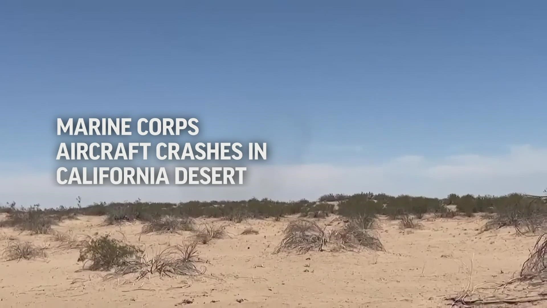A Marine Corps aircraft crashed Wednesday in the Southern California desert. Military emergency crews were responding. (KYMA via AP)