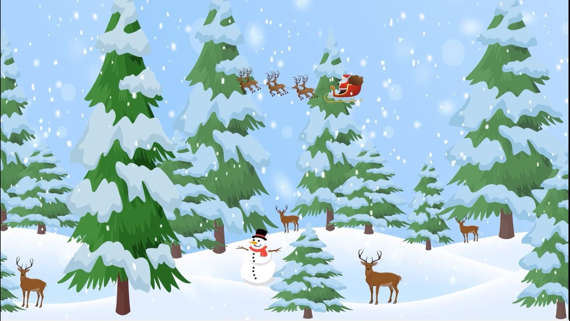Santa and his reindeer are flying through a winter forest to deliver presents. Enjoy this video loop set to some festive music!