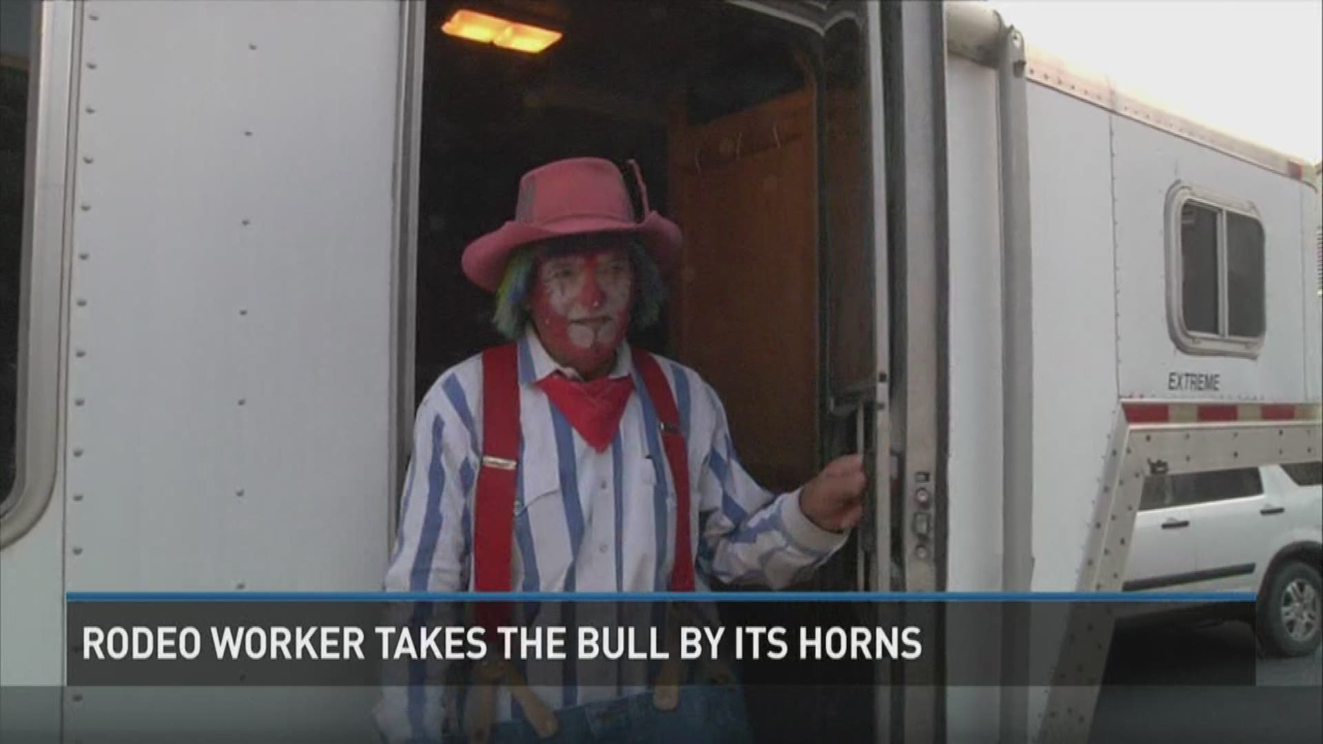 One rodeo worker keeps a smile on his face and ahead of the bulls.