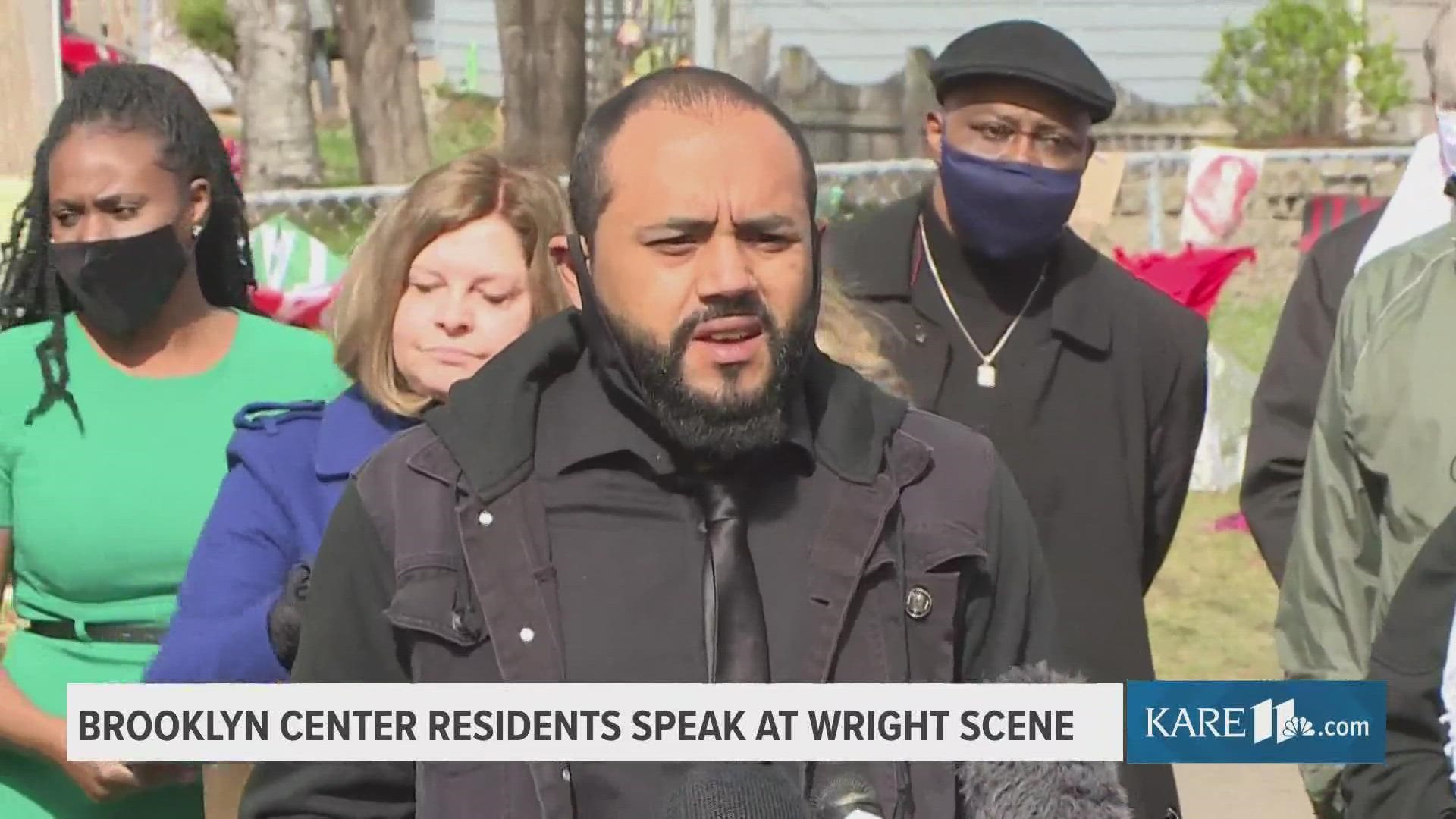 Members of the Brooklyn Center community held a briefing with Mayor Mike Elliott and Rep. Ilhan Omar at the site where Daunte Wright was fatally shot by police.