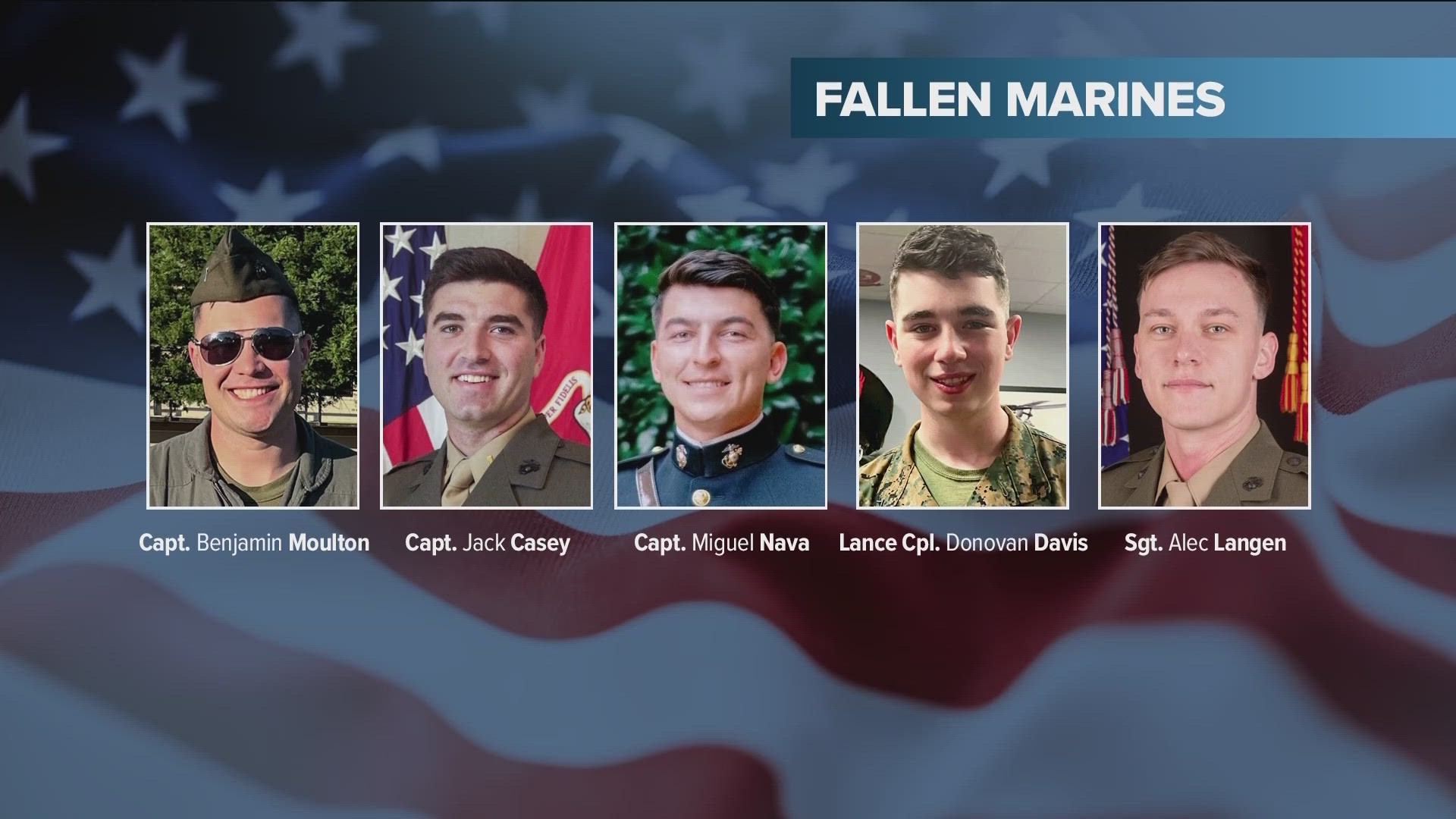 The U.S. Marine Corps has identified the five Marines killed when a helicopter went down near Pine Valley on Wednesday.
