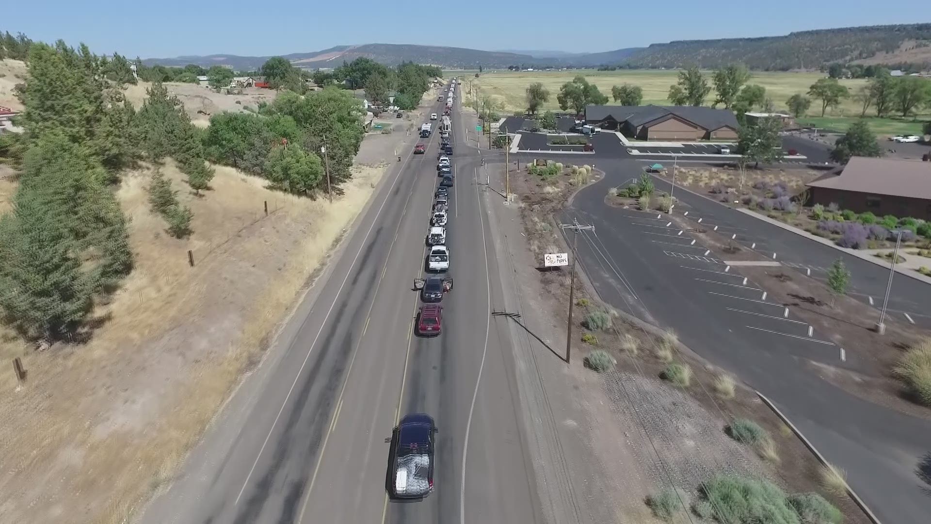 Video from KGW's drone, Fly 8, of the miles-long traffic backup in the Prineville area as people come in for an eclipse festival.
