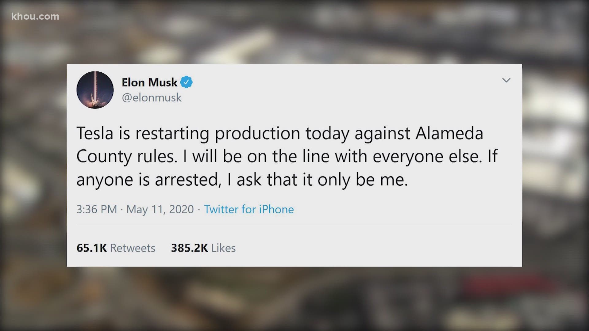 Telsa CEO Elon Musk says he's reopening the electric car manufacturing facility in California regardless of stay-home, work-safe orders.