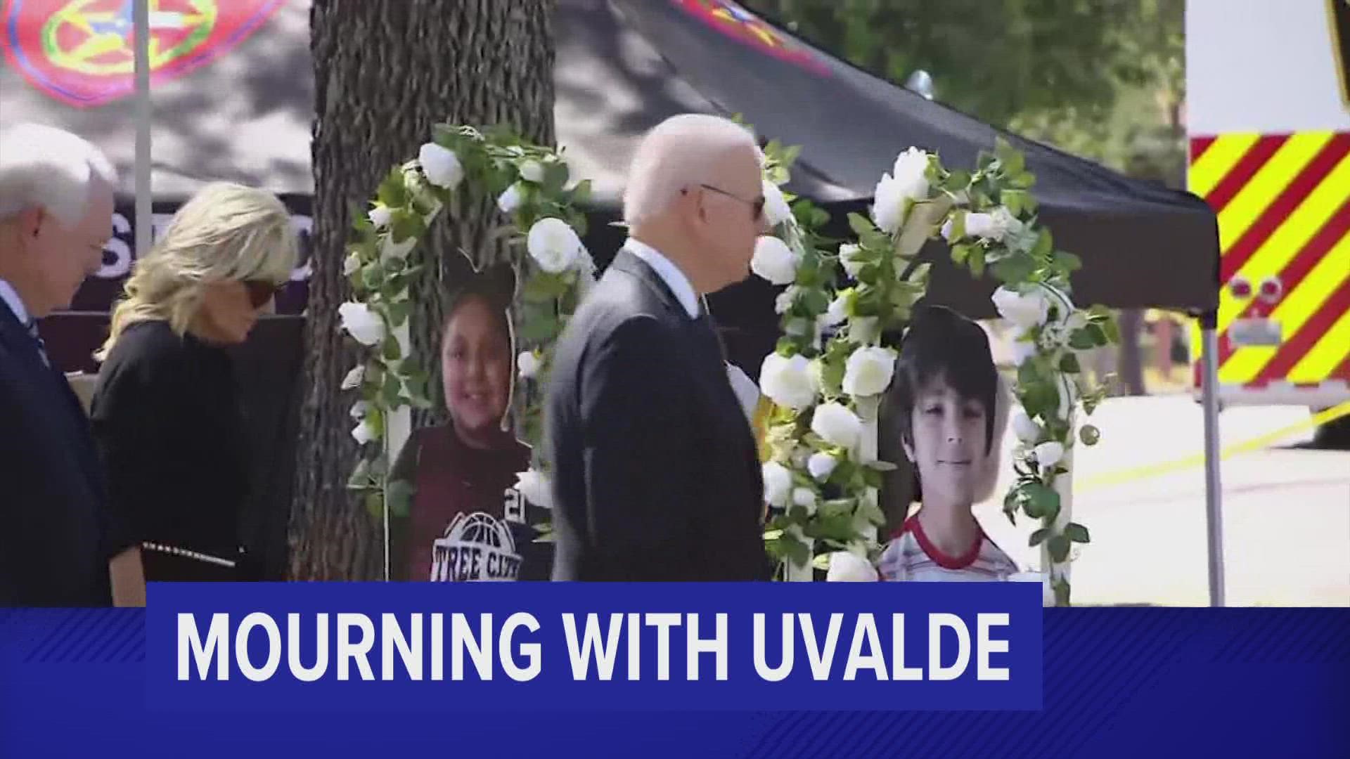 The Bidens paid their respects at a memorial to 19 students and two teachers slain during the shooting Tuesday at Robb Elementary School.