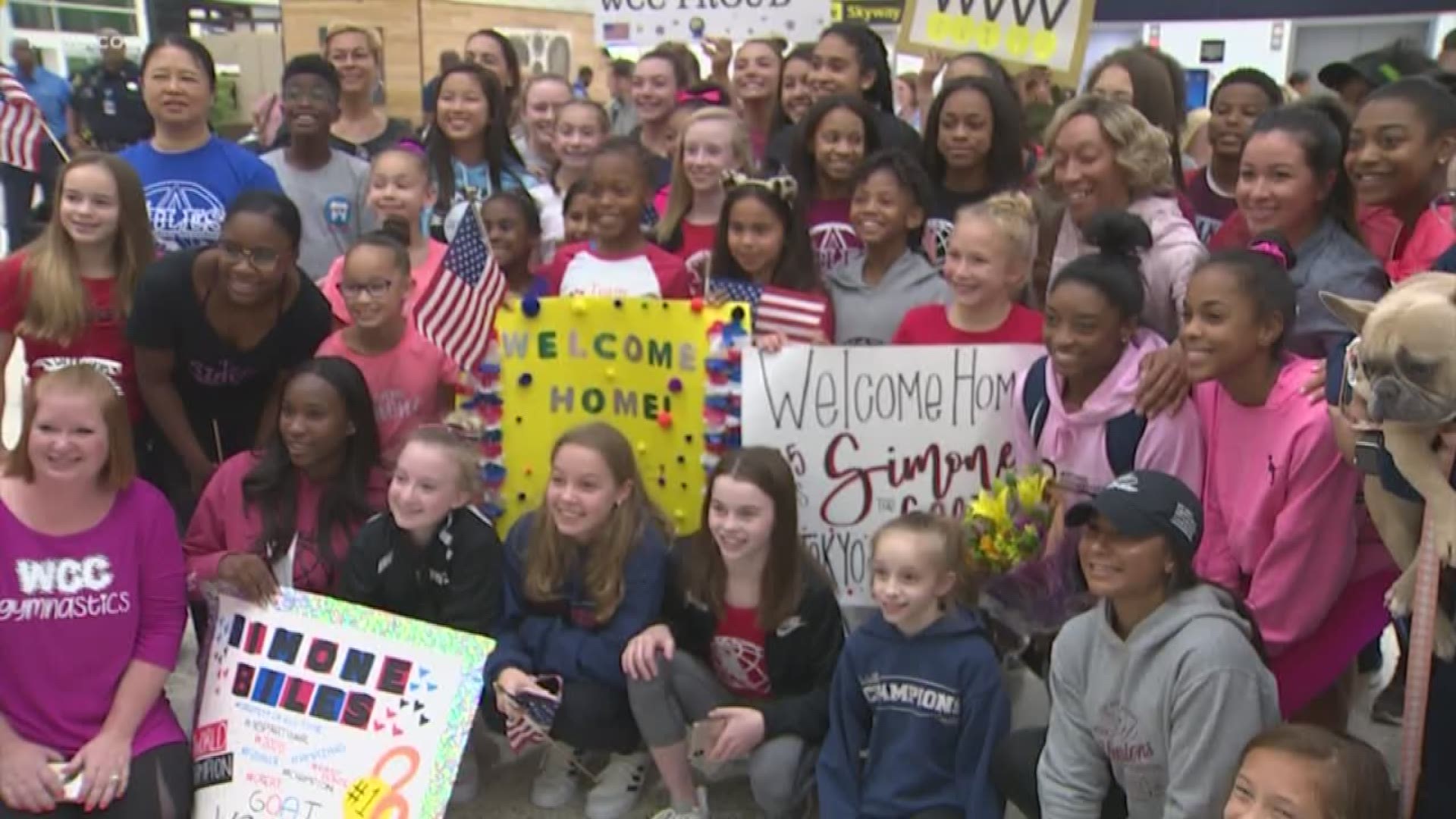 Simone Biles is back in Houston with her family, friends and teammates after competing in the World Championships in Germany.