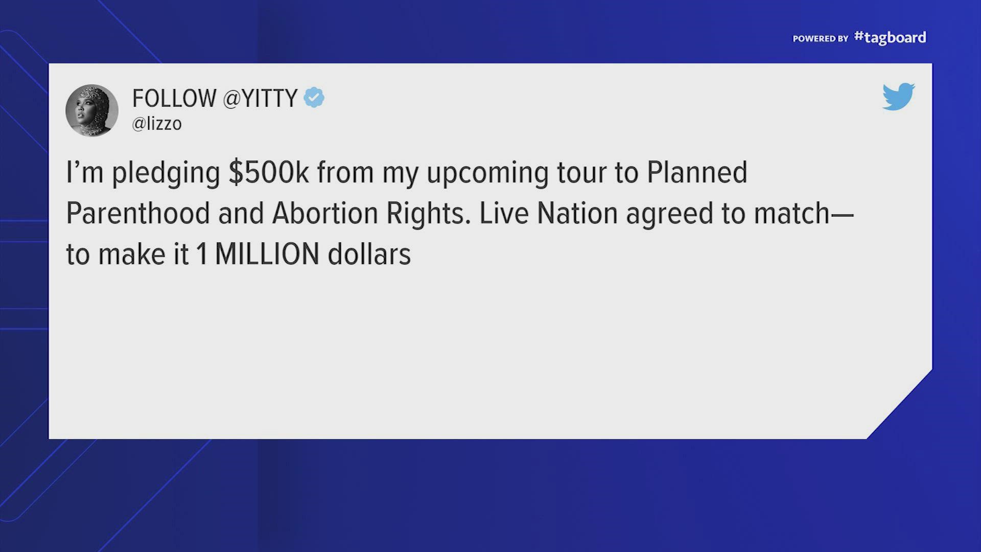 Houston superstar Lizzo is pledging $500,000 from her upcoming tour to Planned Parenthood and abortion rights, the singer announced on her Twitter Friday.