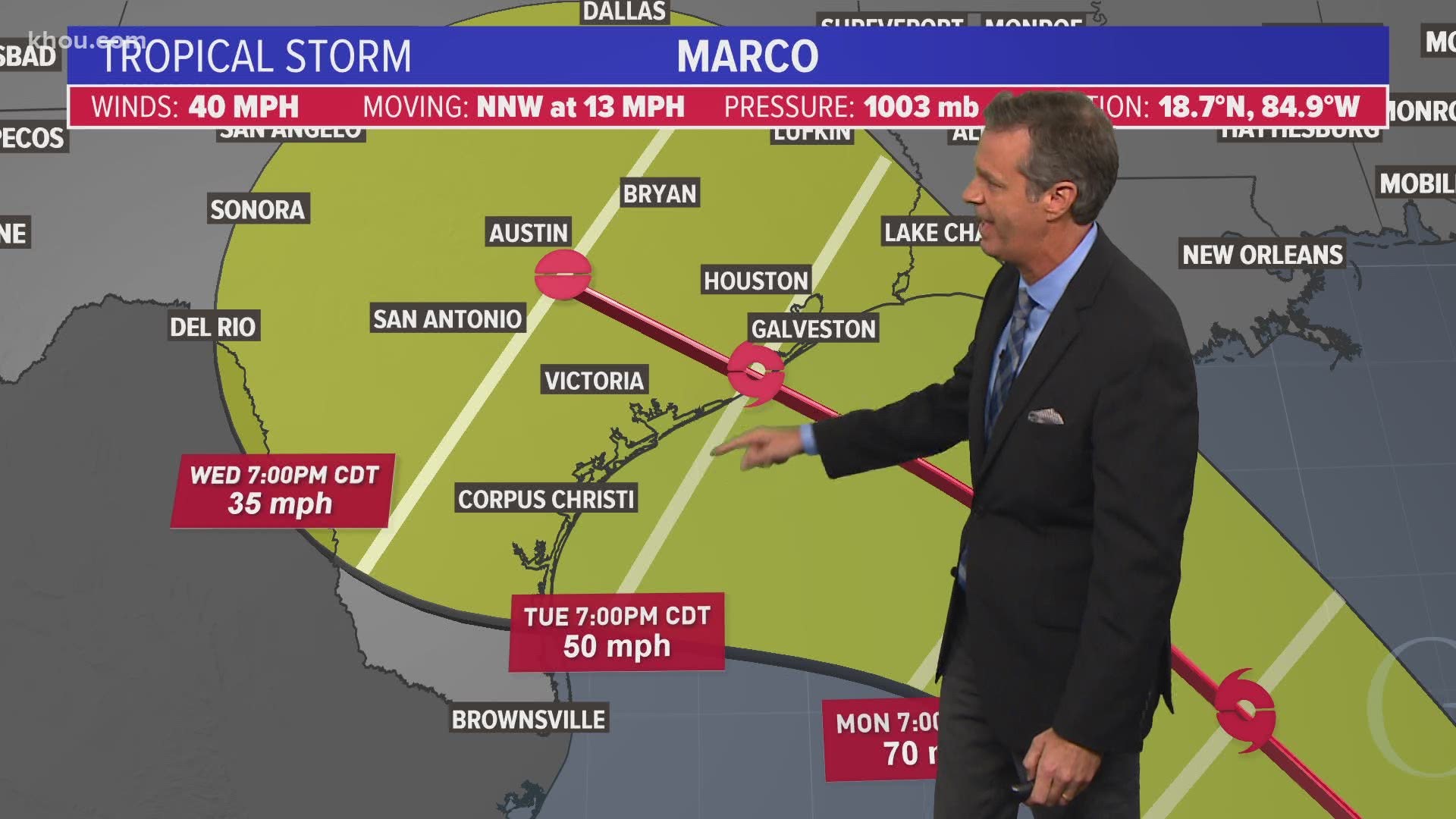 Tropical Depression 14 has become Tropical Storm Marco. It's expected to hit the Texas coast Tuesday.