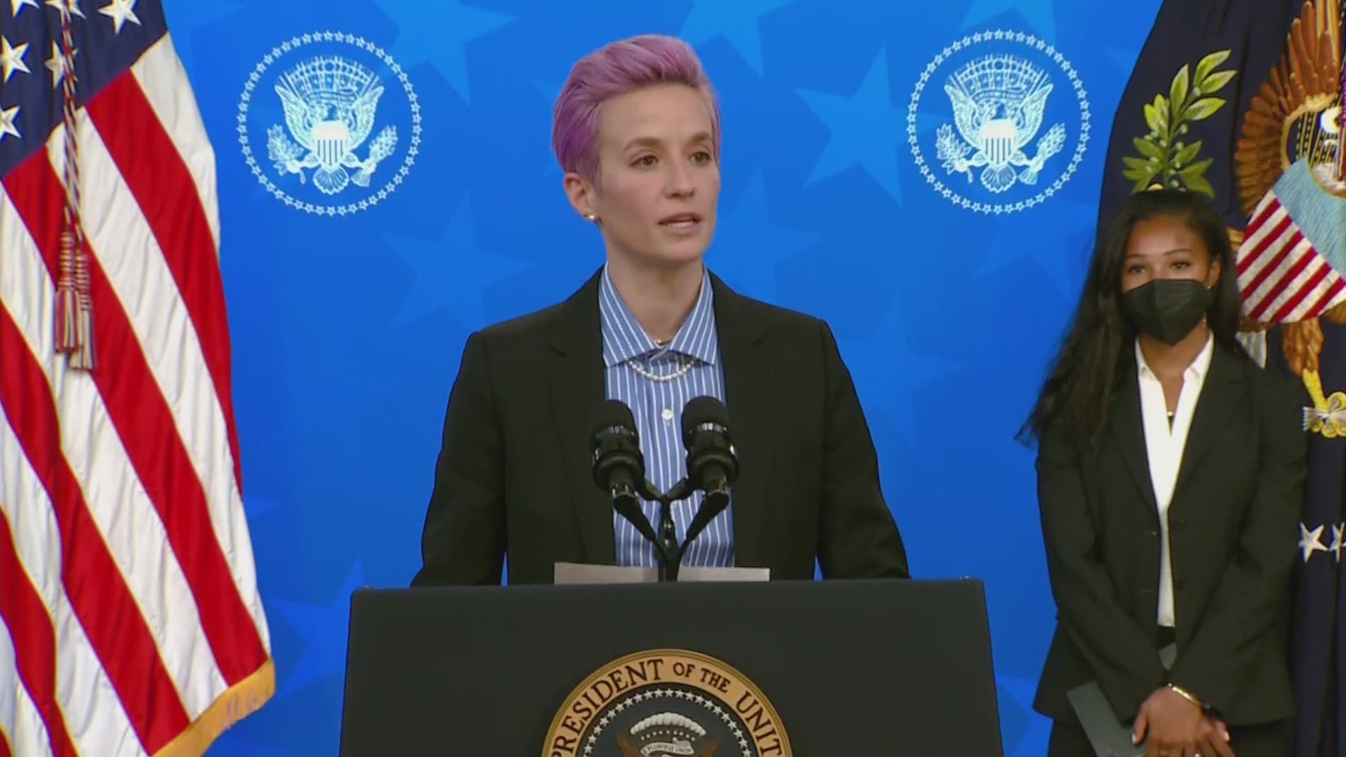 On Equal Pay Day, Megan Rapinoe of Tacoma's OL Reign and others with the U.S. Soccer Women's National Team met with President Joe Biden and First Lady Jill Biden.