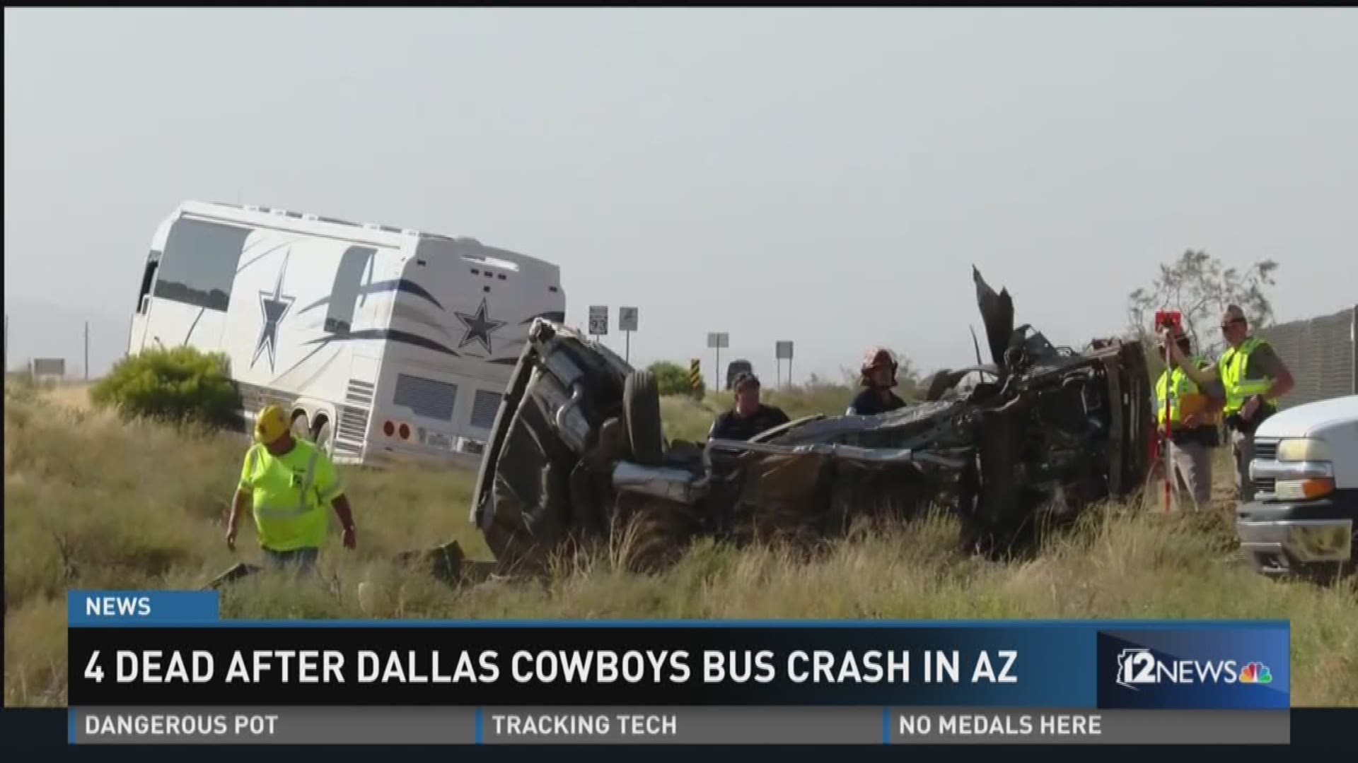 DPS investigators say a van was turning left into traffic when it collided with a Dallas Cowboys bus.