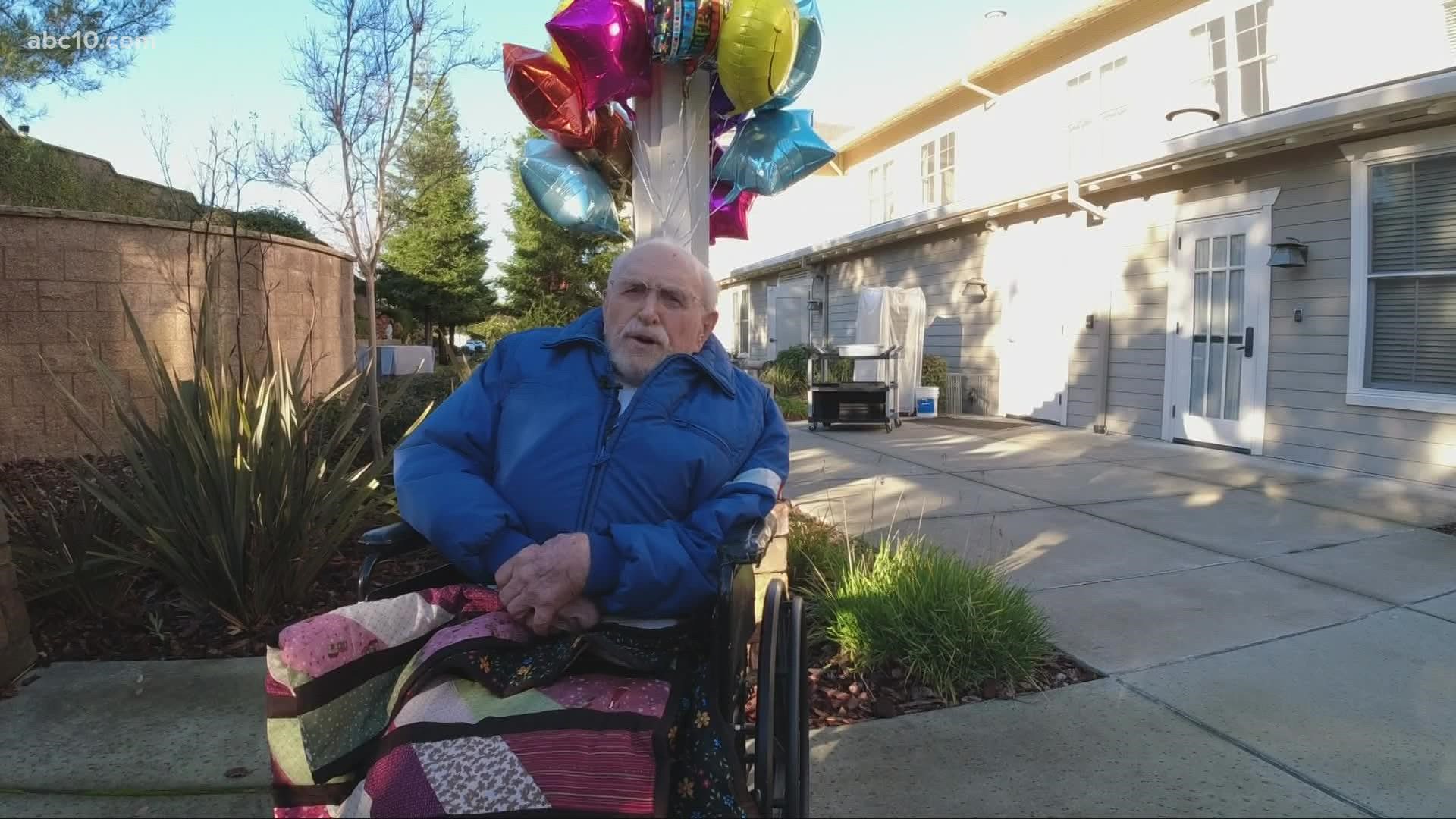 Ron Scott of Rocklin delivers a birthday message as he reaches the age of 105 Monday.