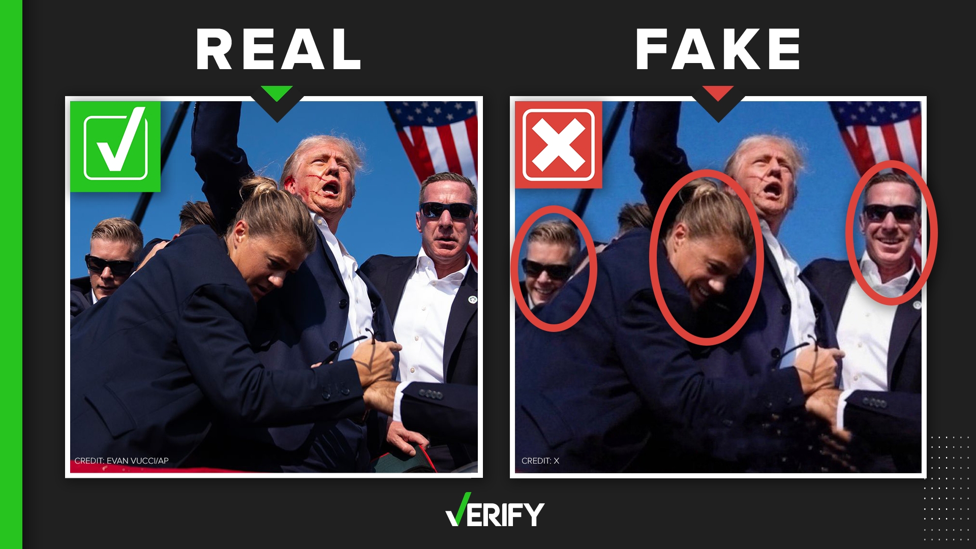 In the original photo taken by Associated Press photographer Evan Vucci, none of the Secret Service agents surrounding Donald Trump were smiling.