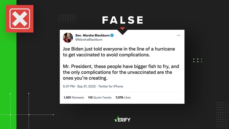No, President Biden didn’t tell people to get vaccinated ahead of Hurricane Ian