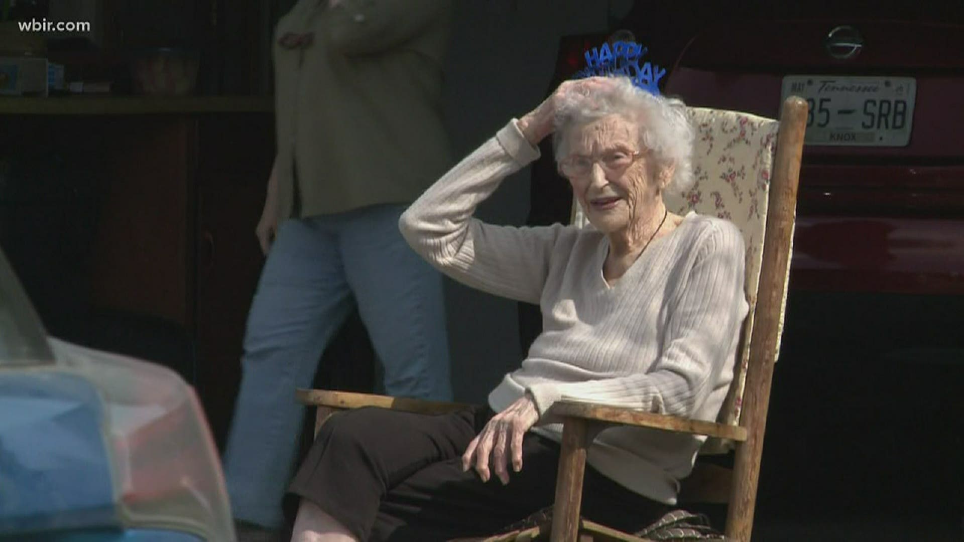 Joanna Venable sat in her rocker in her driveway on Wednesday to watch everyone drive by and wish her a happy birthday.