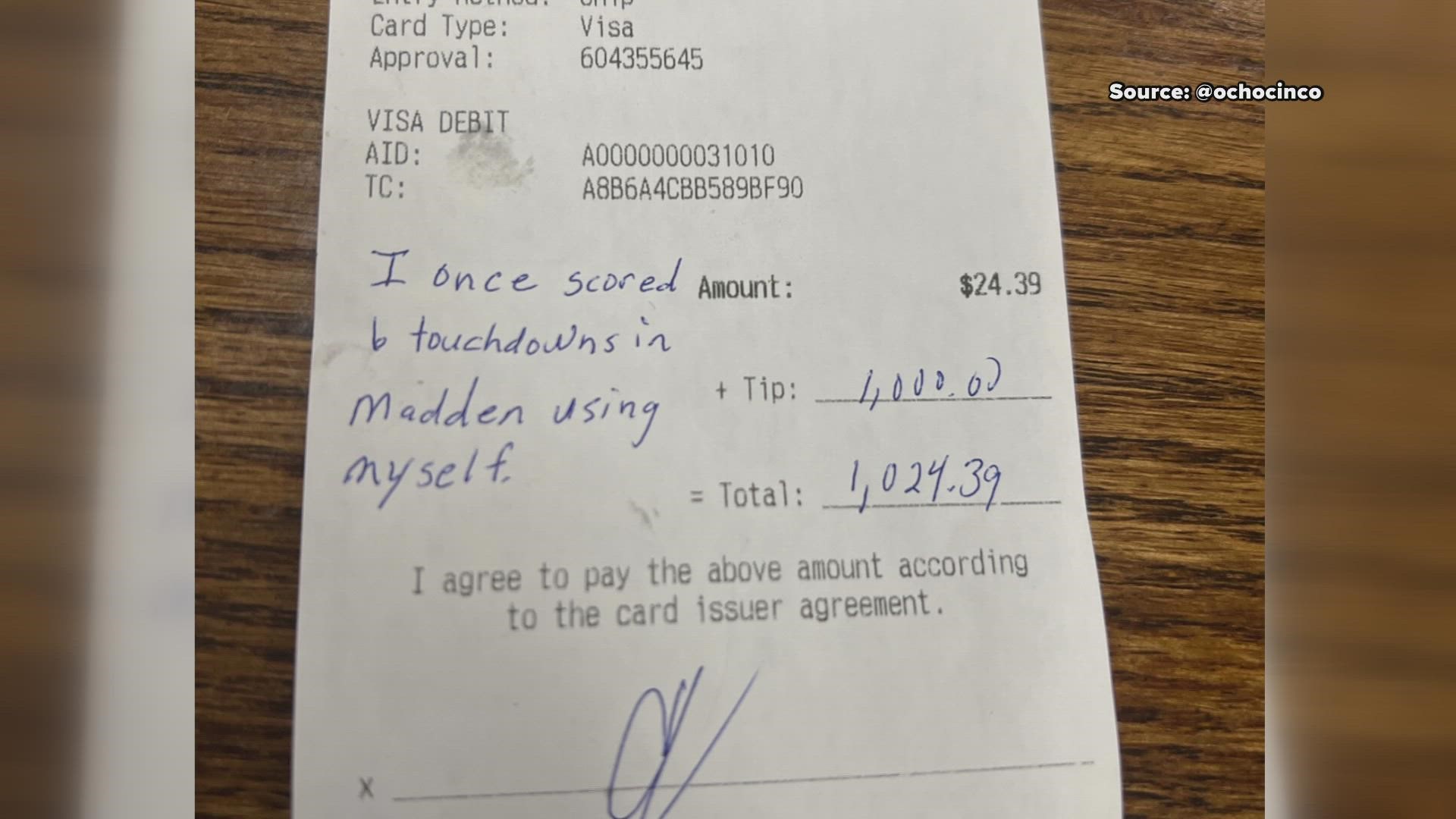 Chad Johnson made it a night to remember for one Greensboro waitress after he left a $1,000 tip.