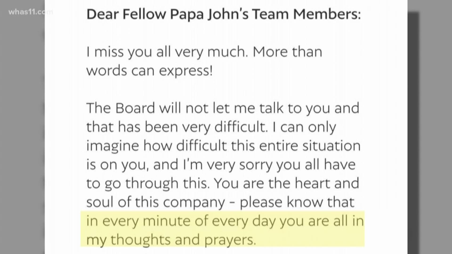 Papa John's founder John Schnatter r is now taking out a full-page ad with a message aimed at the pizza company employees.