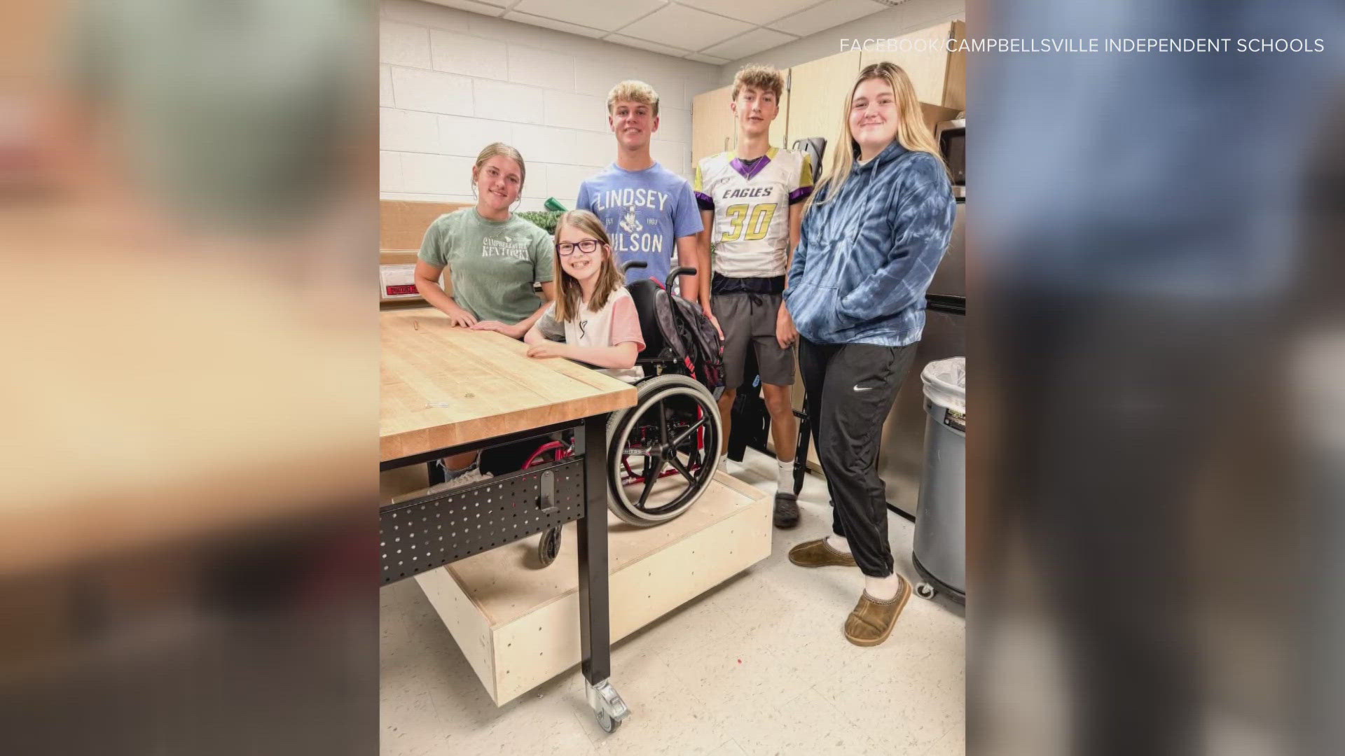 A Facebook post said the new tables in one of the school's maker spaces are great for everyone except Sophie, who uses a wheelchair.