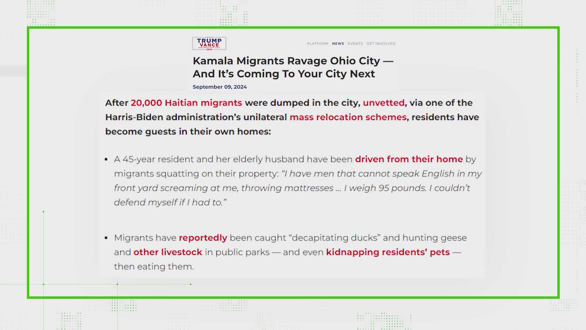 'They're eating the pets of the people that live there,' the former president claimed of Springfield, Ohio. City officials say the claims are not true.