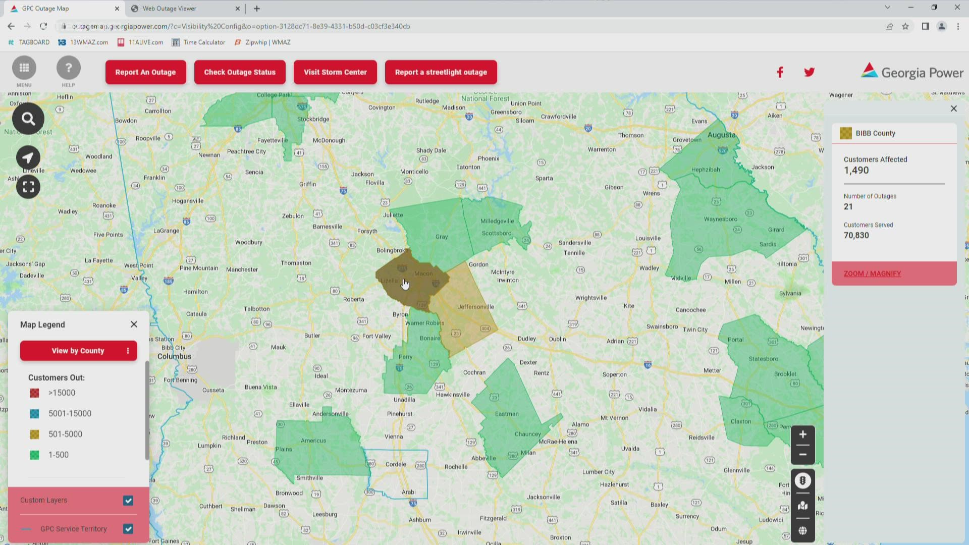 Thousands of people in Macon-Bibb County and around Central Georgia are without power after severe weather Tuesday afternoon