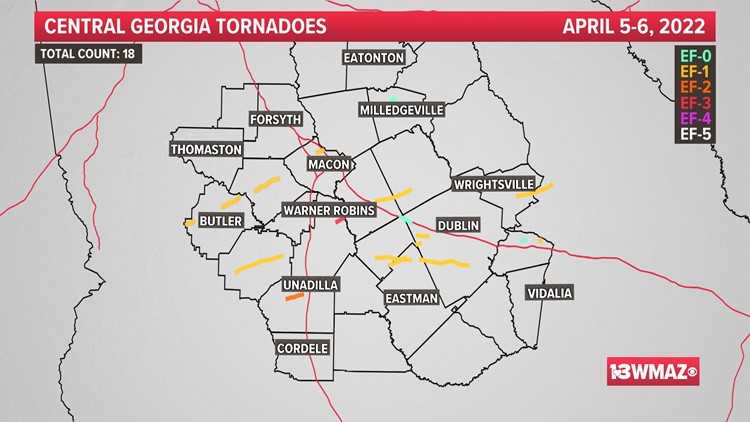 Here's a list of confirmed tornadoes in Central Georgia from April 5 & 6