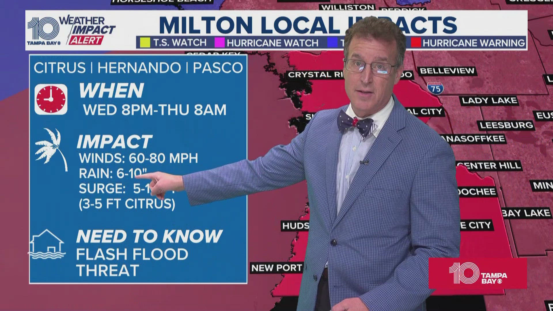 Our weather team has the latest on the expected impacts Hurricane Milton could bring to the Tampa Bay area.