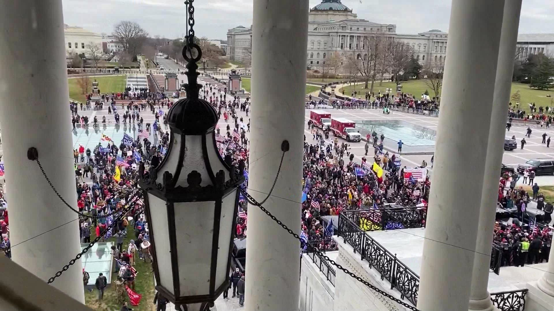 Trump supporters broke through the baracades on the east front of the Capitol and are on the plaza.