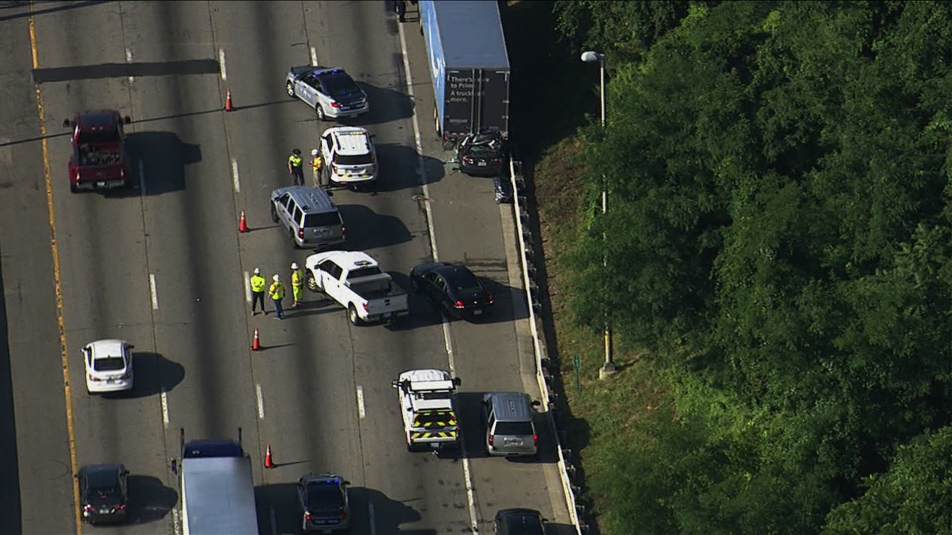 Two lanes of I-95 southbound near Lorton Road are closed in Virginia after a car went under a tractor trailer Wednesday morning.