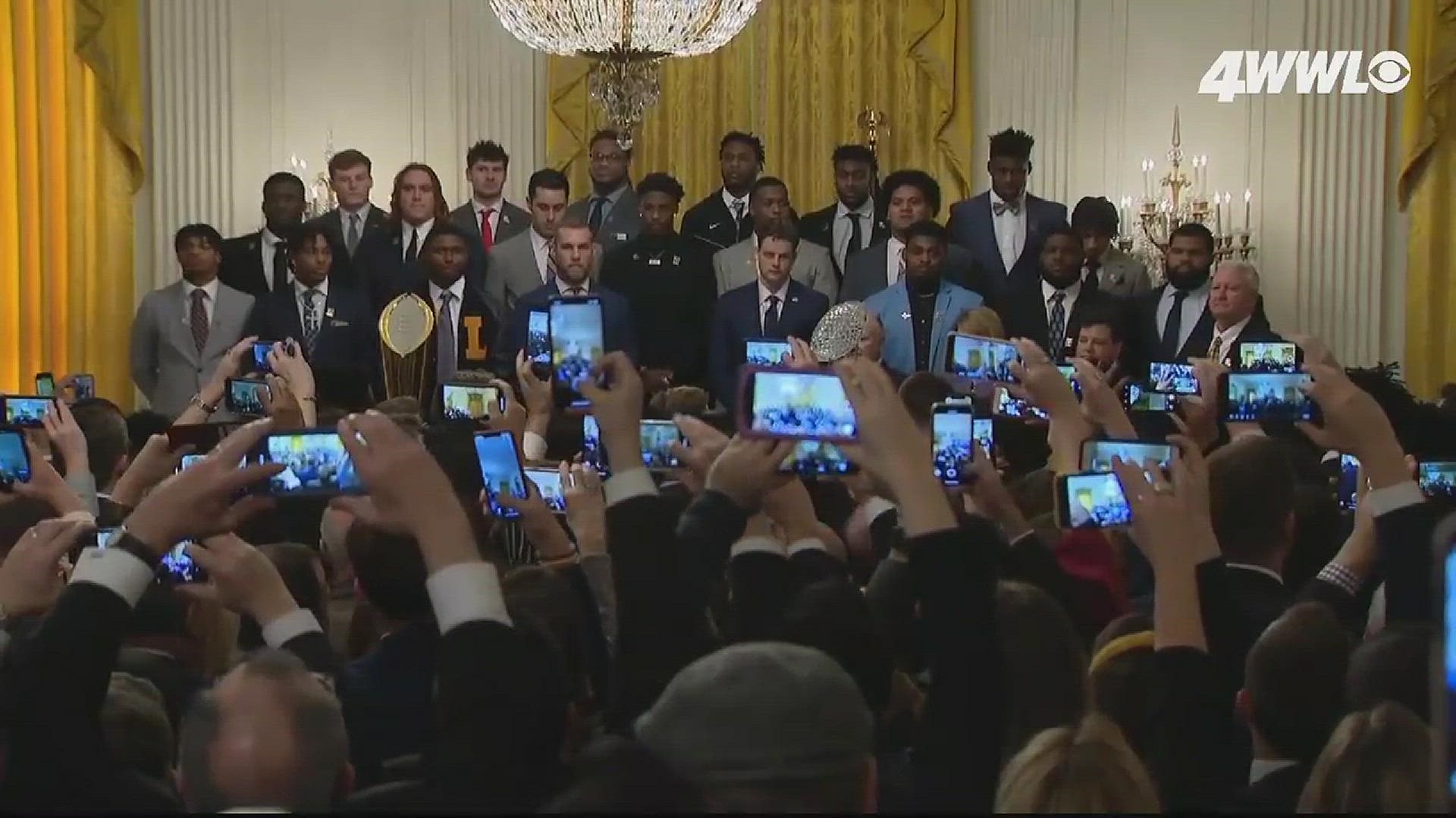 LSU’s national champion football team visited the White House Friday, four days after defeating Clemson in the Mercedes-Benz Superdome to claim the title.