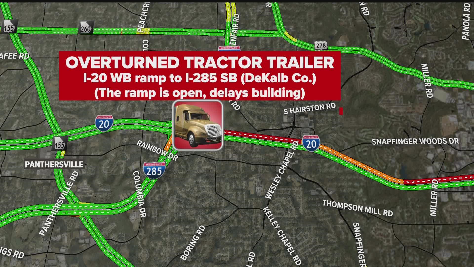 Overturned Tractor Trailer Causing Delays In Lithonia On I 20 Wb Ramp 8001