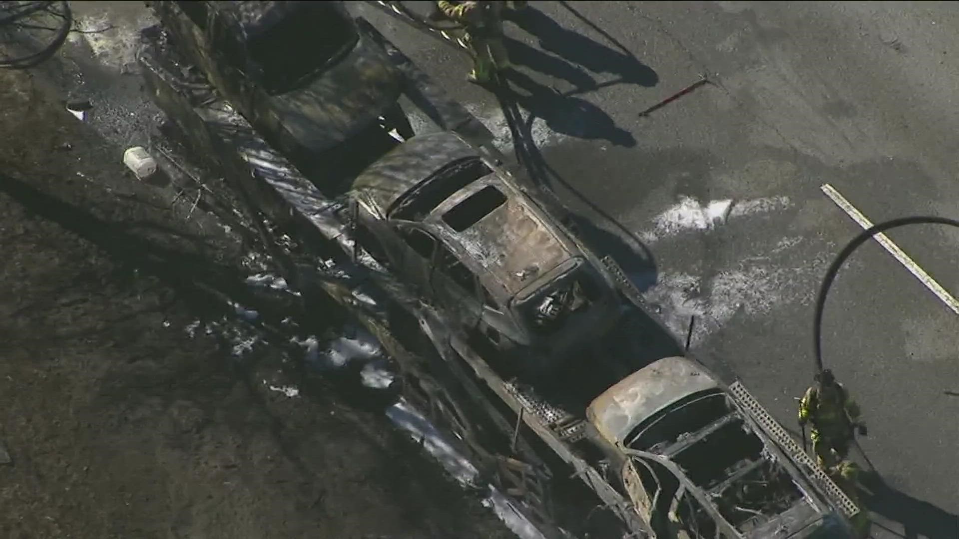 The fire broke out on the access ramp from I-285.