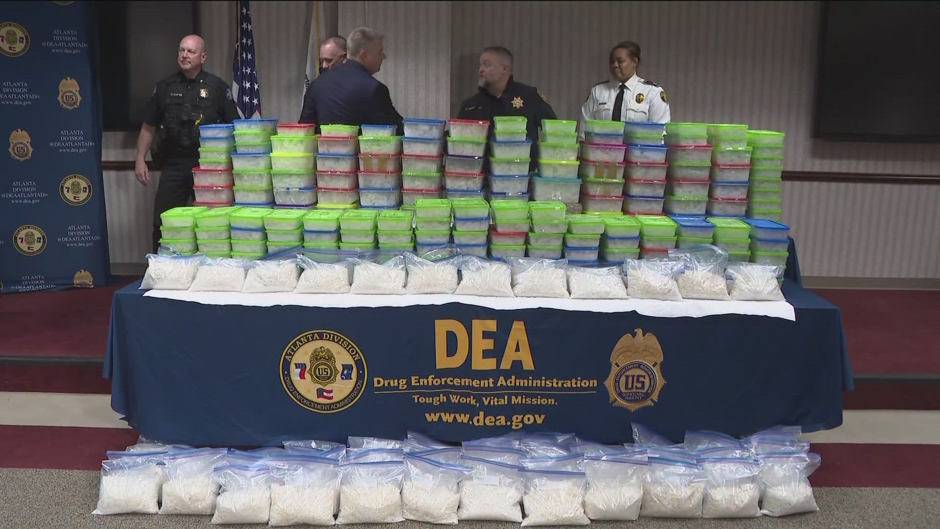 The Drug Enforcement Agency said they found over 350 kilograms of meth inside a storage unit in Norcross on Monday.