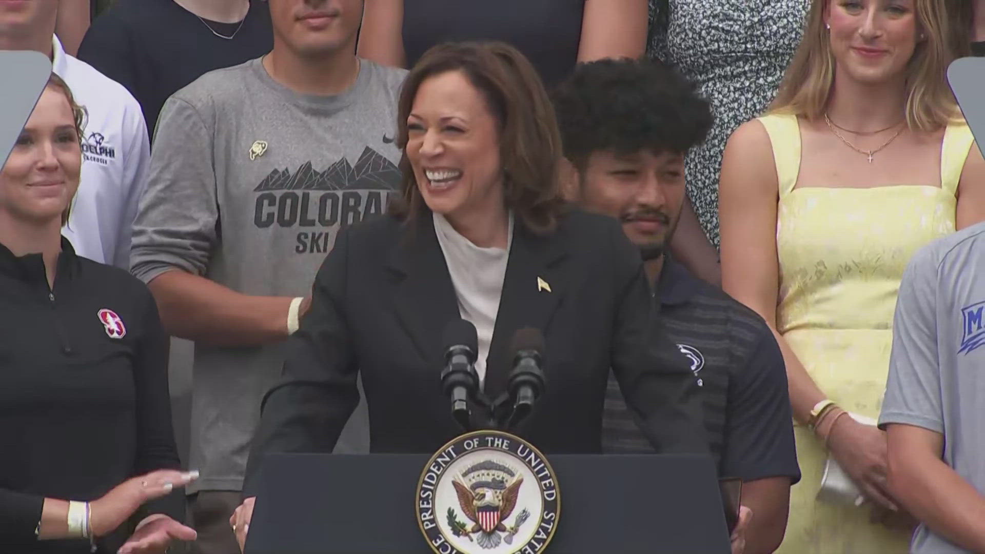 Harris touched on Biden's legacy and honored the achievements of collegiate athletes headed to the Olympics.