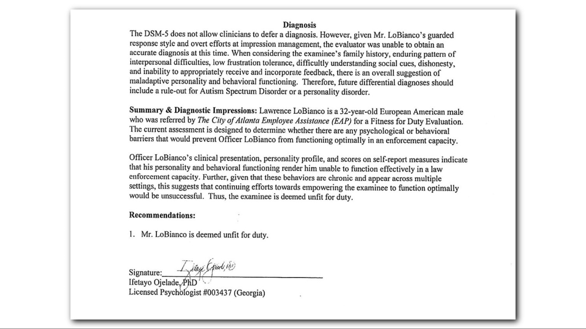 Atlanta Police Officer declared unfit for duty