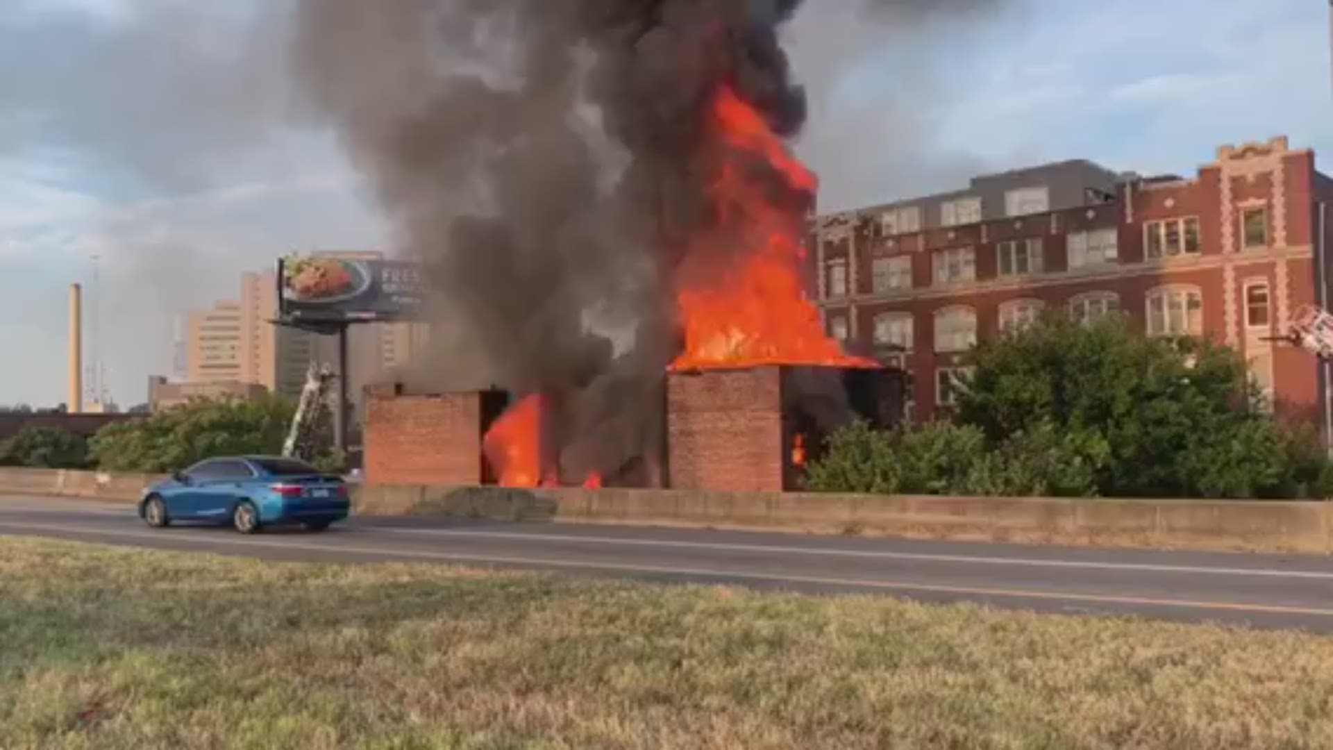 Atlanta firefighters battled a two-alarm building fire on Auburn Avenue near the Downtown Connector on Sunday, Sept. 15. There was no immediate word on injuries.
