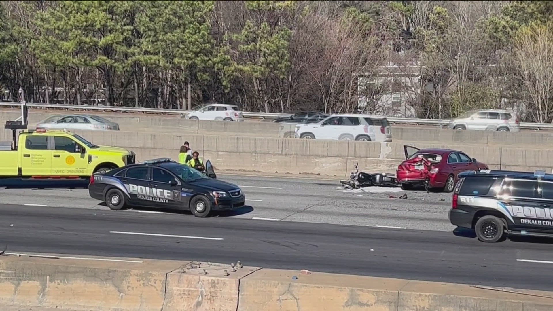 The DeKalb County Police Department said it responded to a crash at 2:20 p.m. and found the driver of a motorcycle dead at the scene.