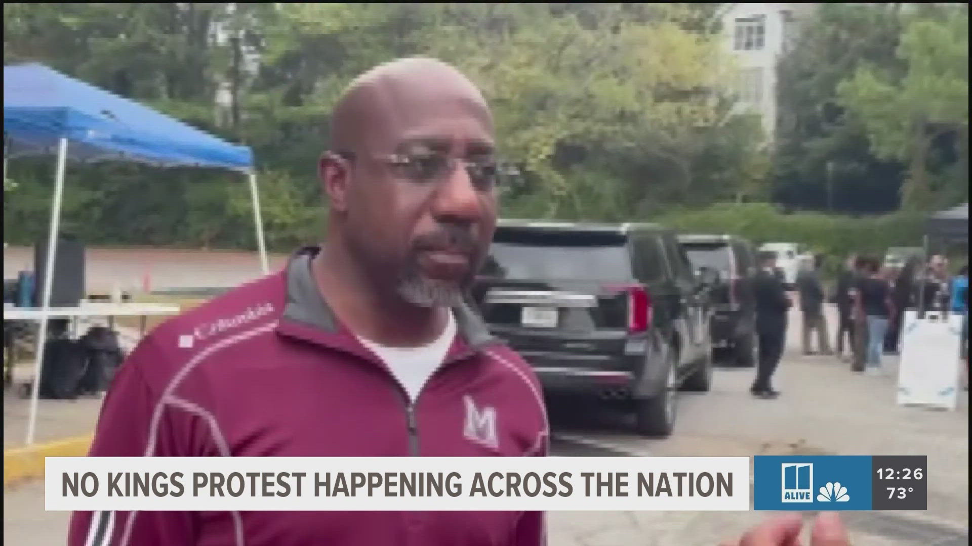 Senator Raphael Warnock speaks during "No Kings" protest in Atlanta ...