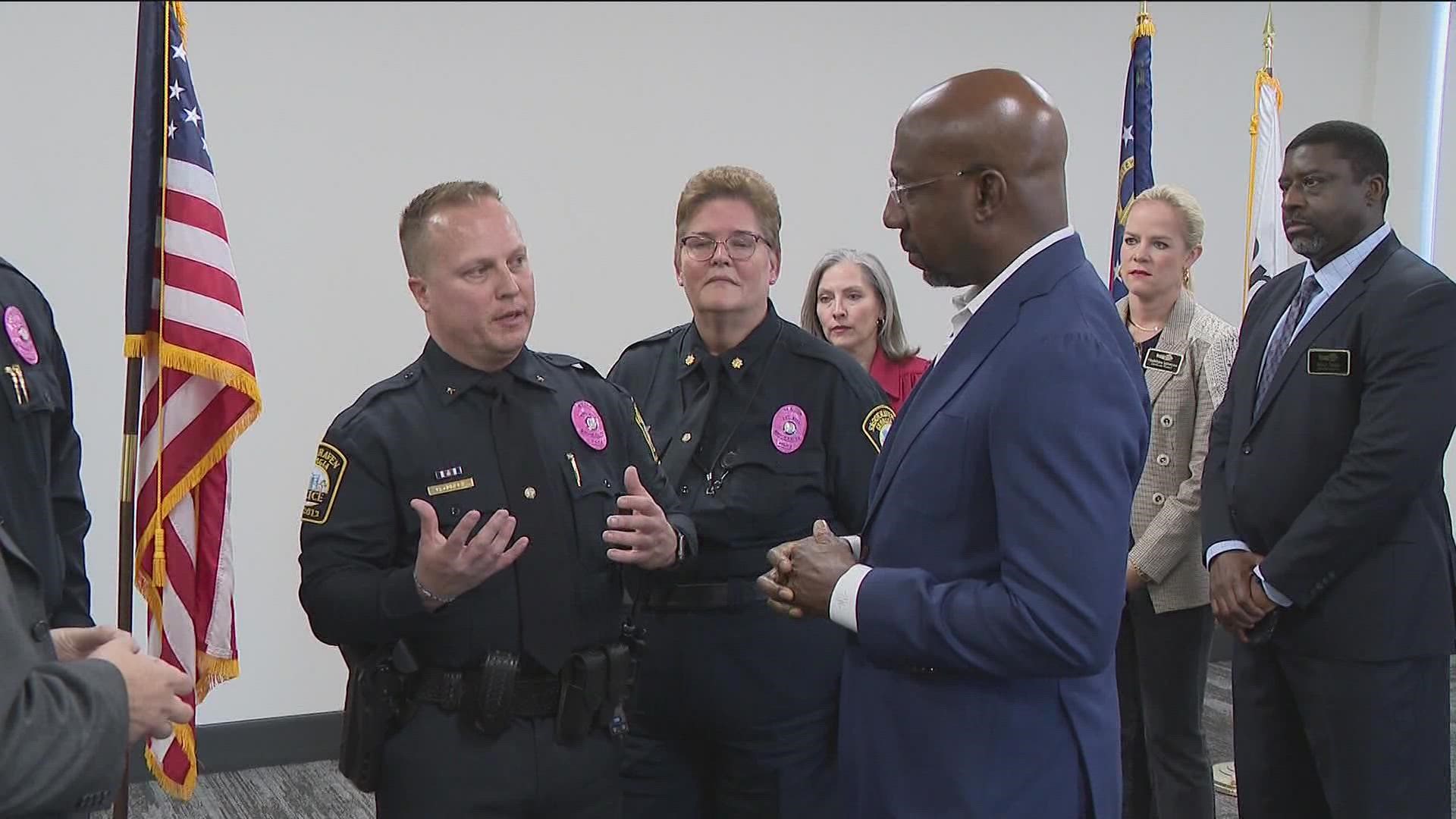 Sen. Raphael Warnock was in Brookhaven Monday announcing a $750,000 grant in federal funds he was able to secure for the Brookhaven Police Department.