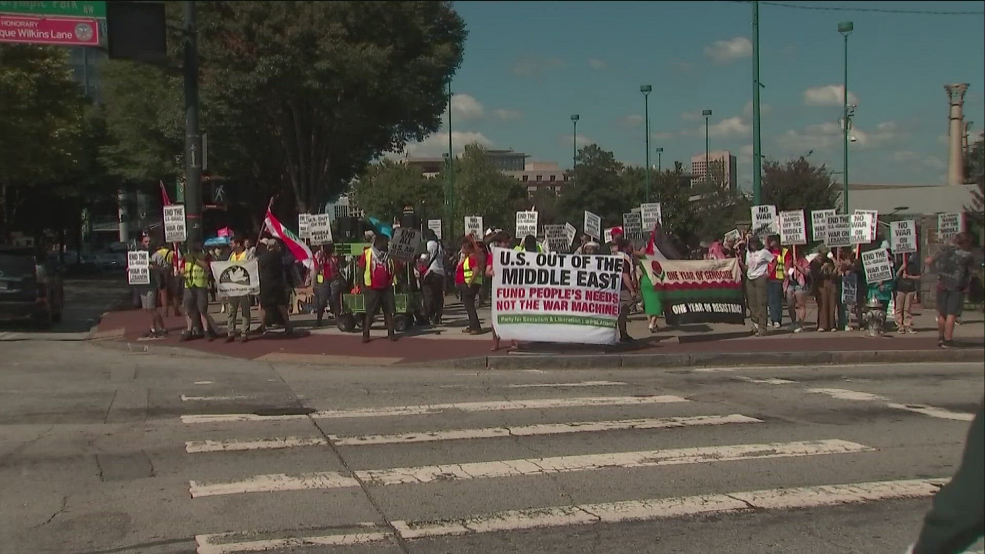 One local group marked near Centennial Olympic Park, calling for a ceasefire in the region.