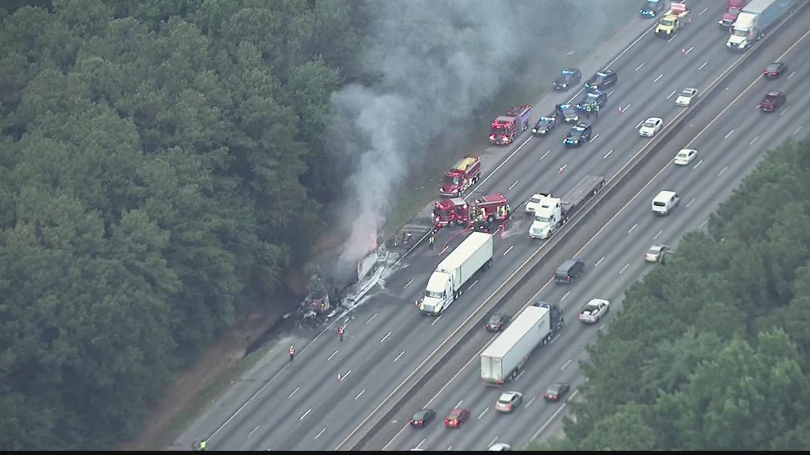 Tractor-trailer Engulfed In Flames On I-285, Lanes Still Closed ...