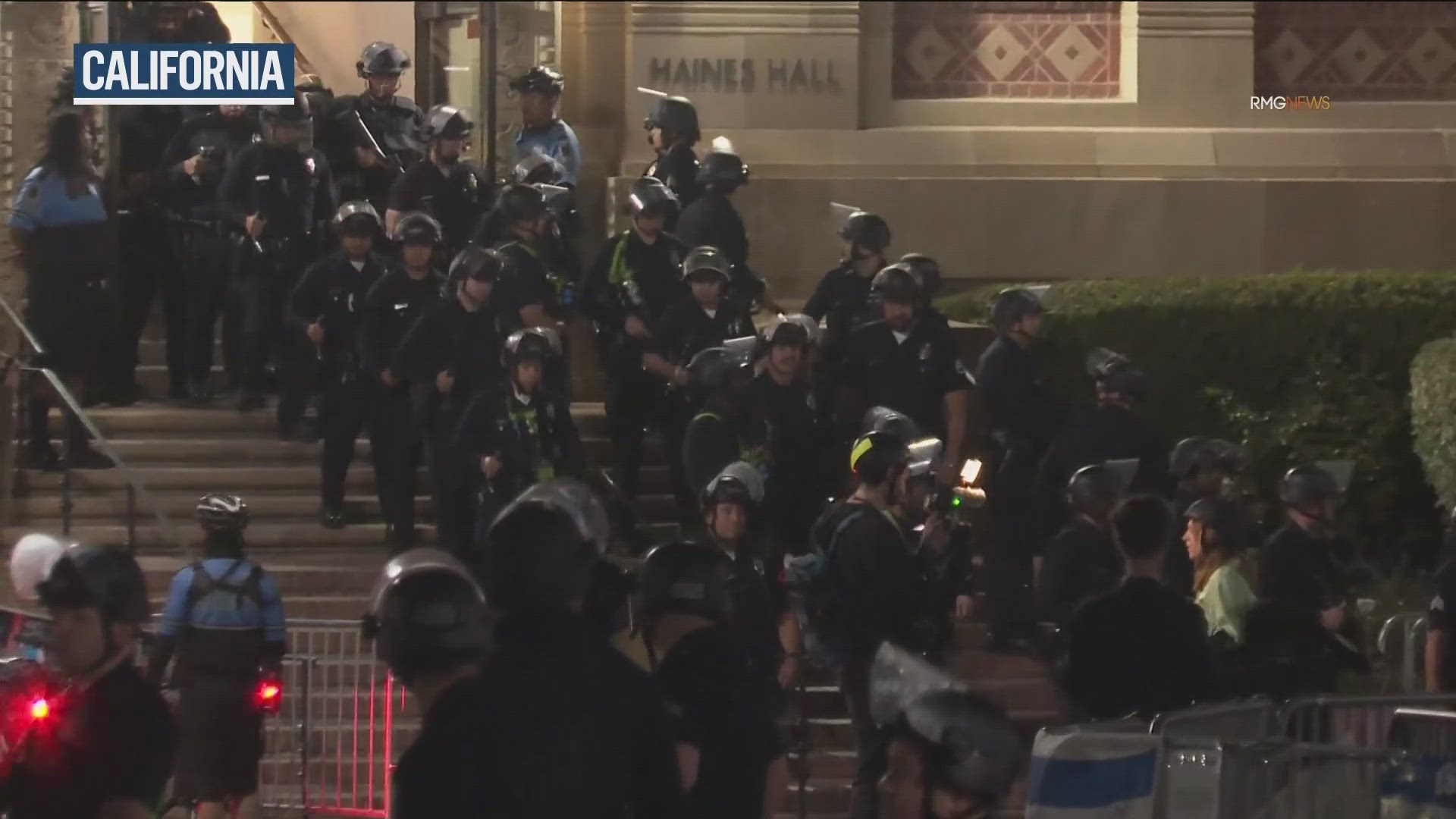 Los Angeles Police officers in riot gear confronted protesters on UCLA's campus early Thursday morning.