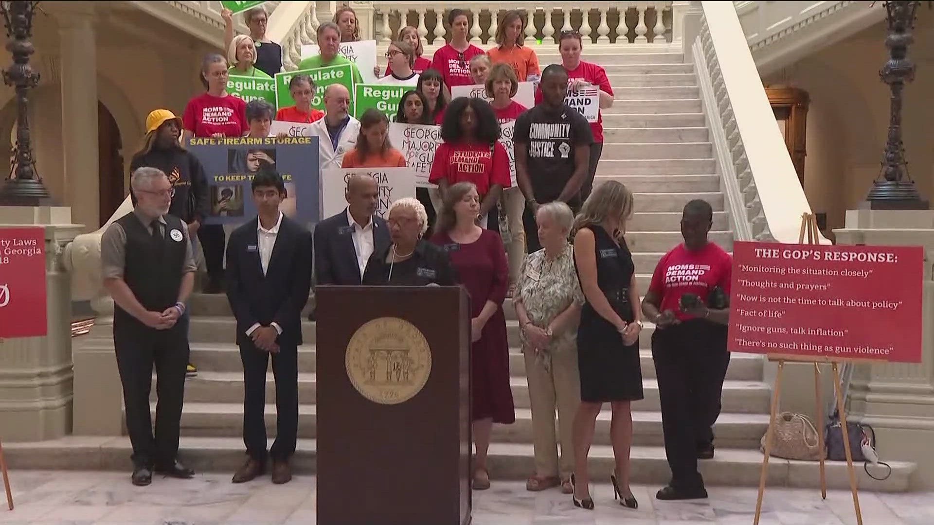 The plea from state Democrats follows a separate push at the Capitol Friday where Democrats urged Gov. Kemp to call a special session for new gun laws.