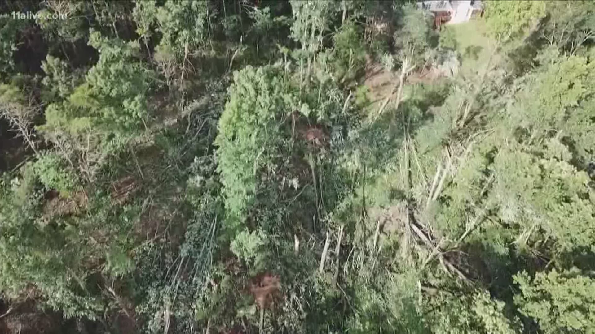 A drone video shows damage to portions of Cumming and Forsyth County from early Saturday morning.