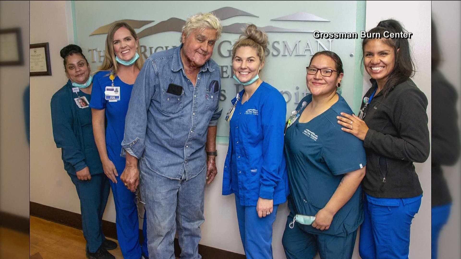 The burn center where Jay Leno was being treated shared a photo of the former "Tonight Show" host as he left the hospital.