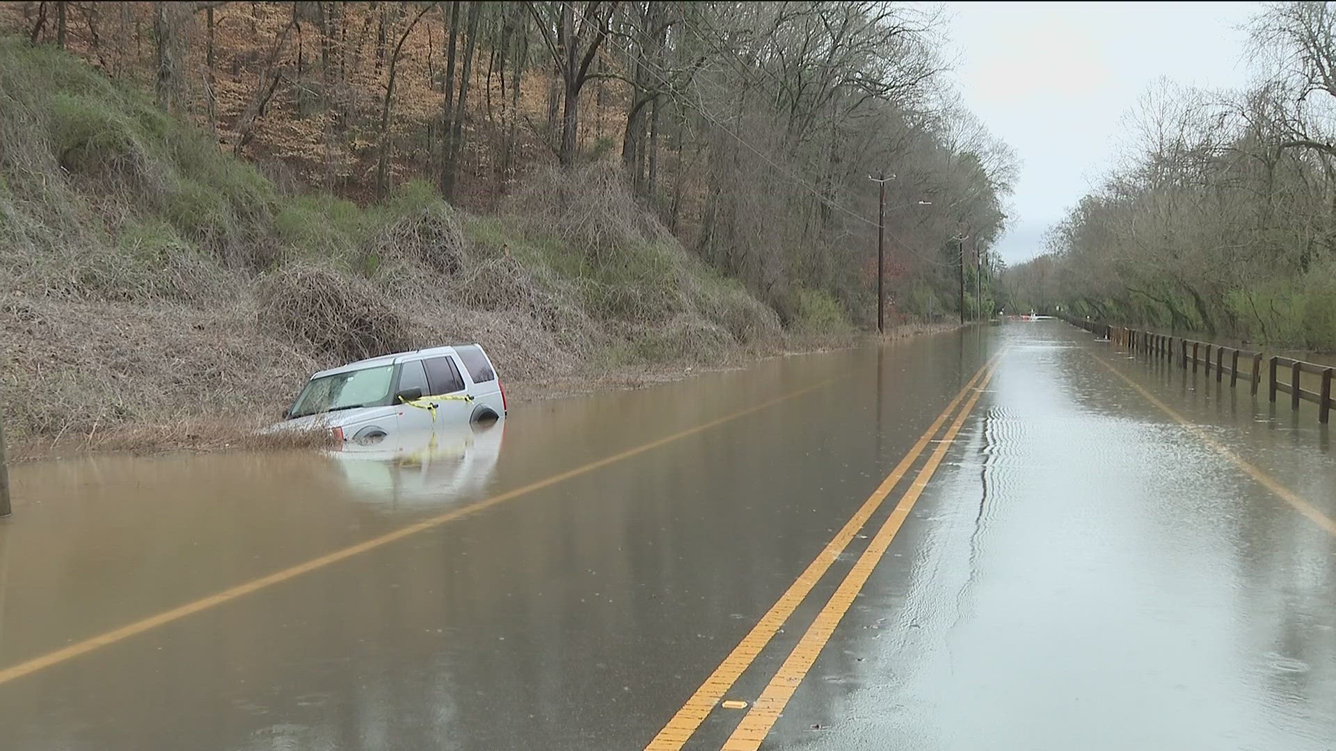 Several trees came down and cars were stranded on flooded roads after heavy rain moved through overnight into Wednesday.