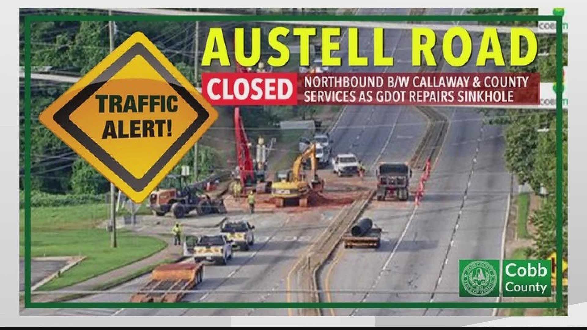 Northbound lanes of Austell Road are closed at Callaway Road and the work could continue through the evening rush