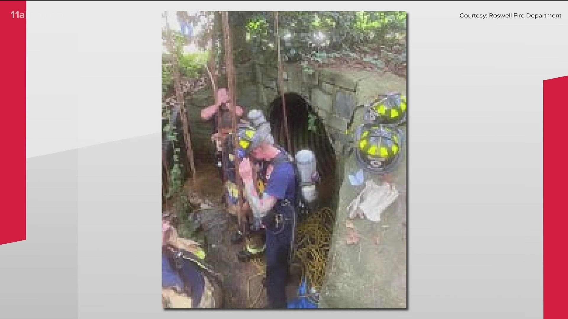 An elderly woman is expected to be okay after first responders rescued her from a storm drain near Seven Branch Park, Roswell fire officials said.