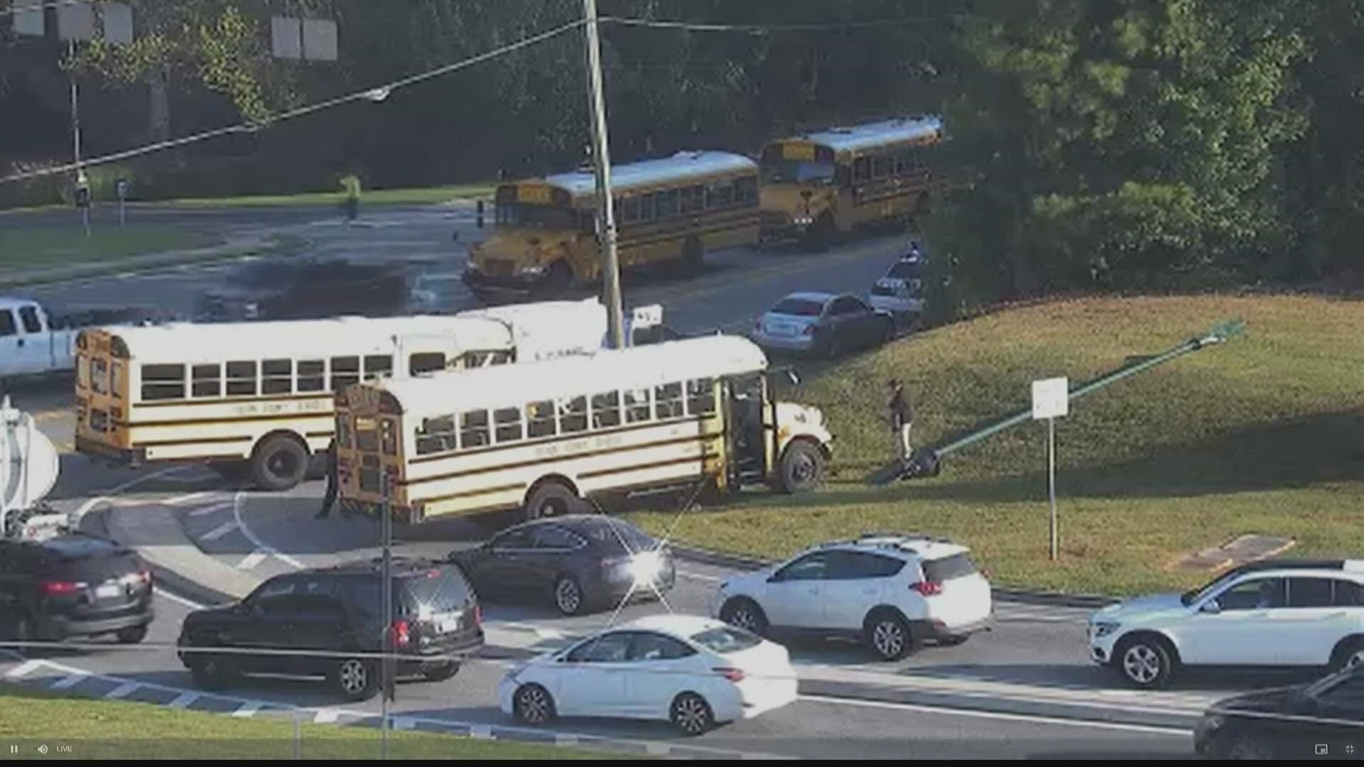 A Fulton County Schools bus crashed into what appears to be a ditch and a light pole off Ga. 400 at Northridge Road in Sandy Springs.