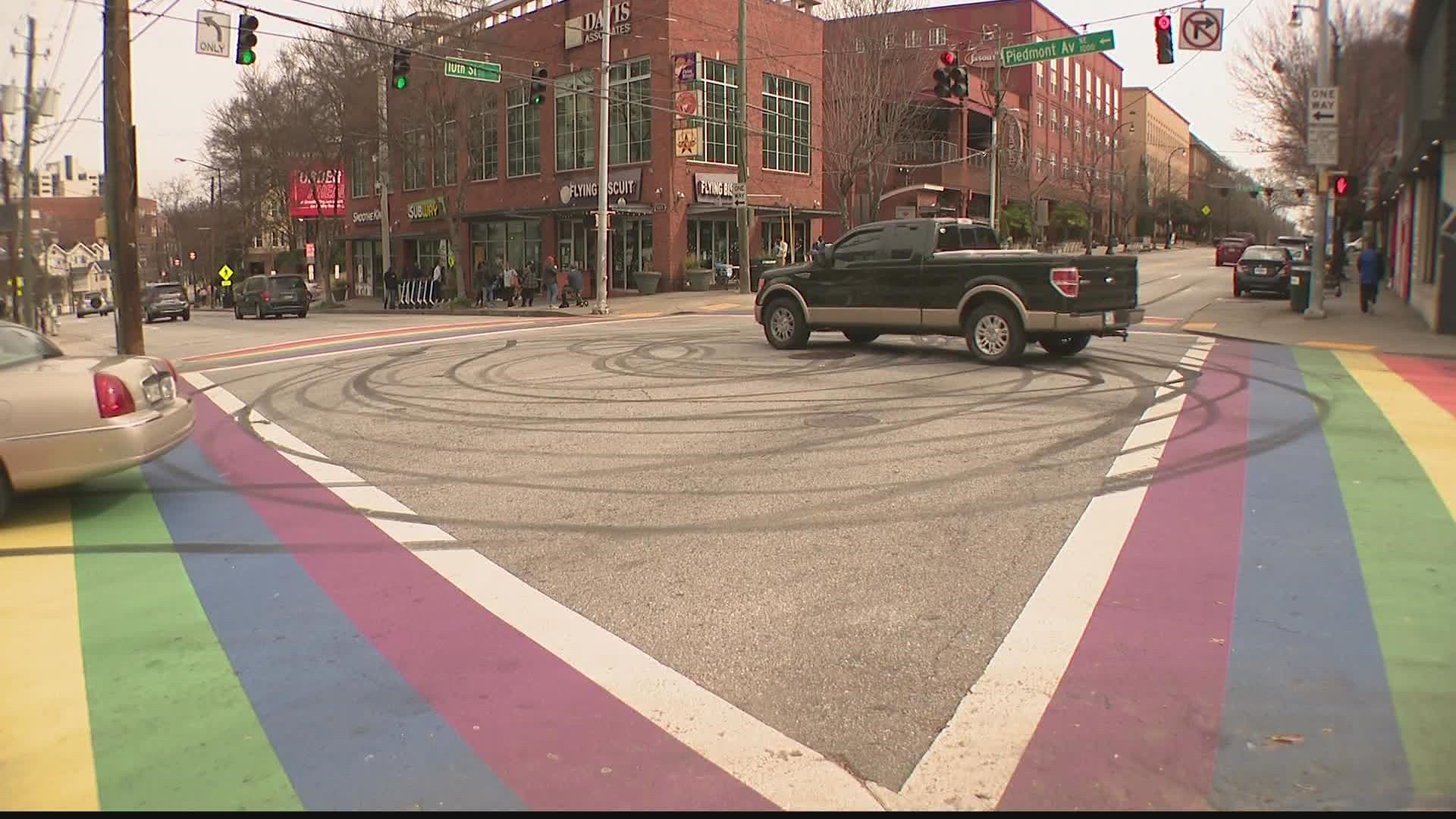 An Atlanta landmark in Midtown was marked up over the weekend, as drivers left skid marks all over the rainbow crosswalk at the intersection of 10th and Piedmont.