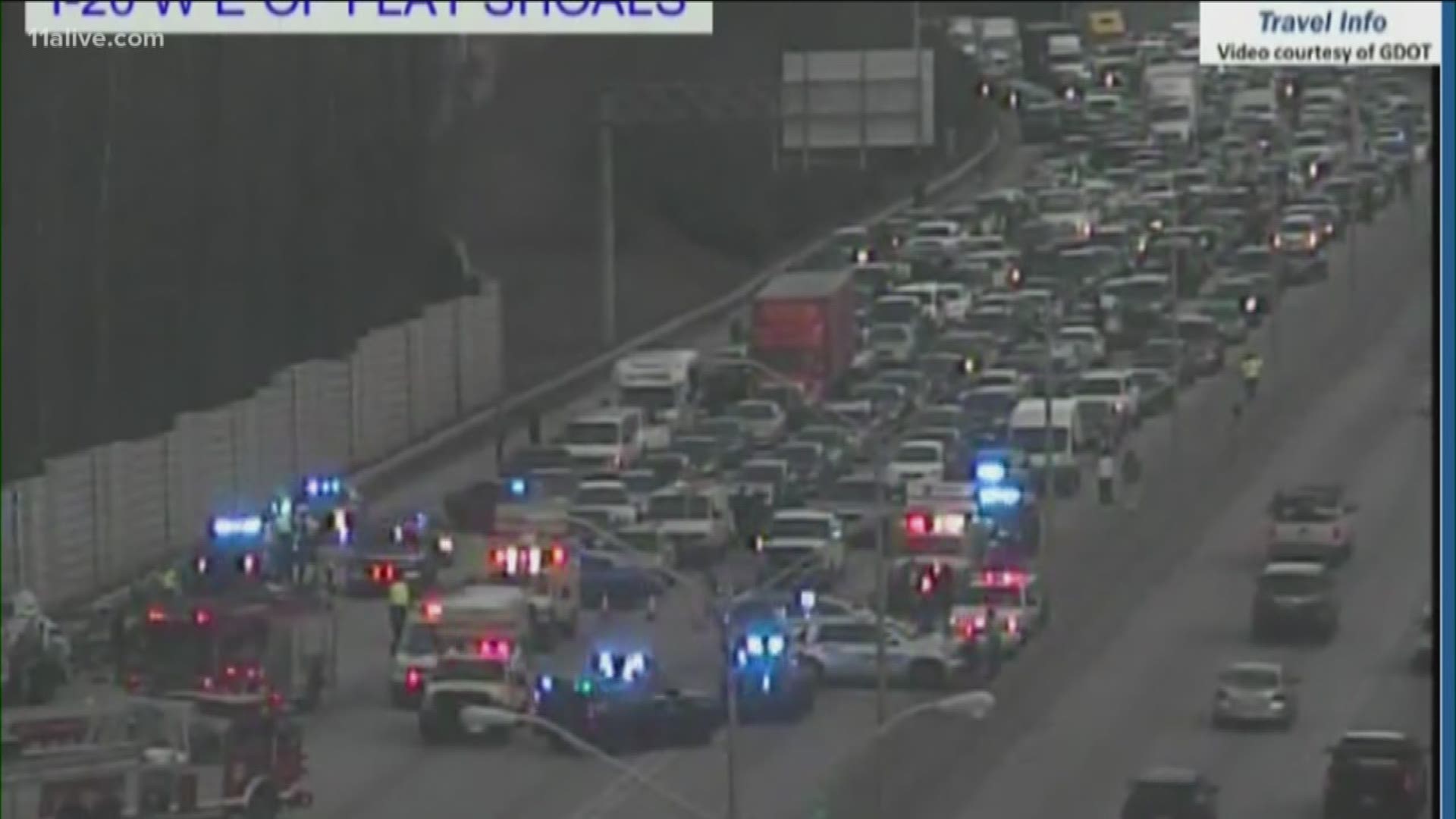 HERO officials said at least three people are hurt in a big accident on I-20 westbound in DeKalb County near Flat Shoals Rd.