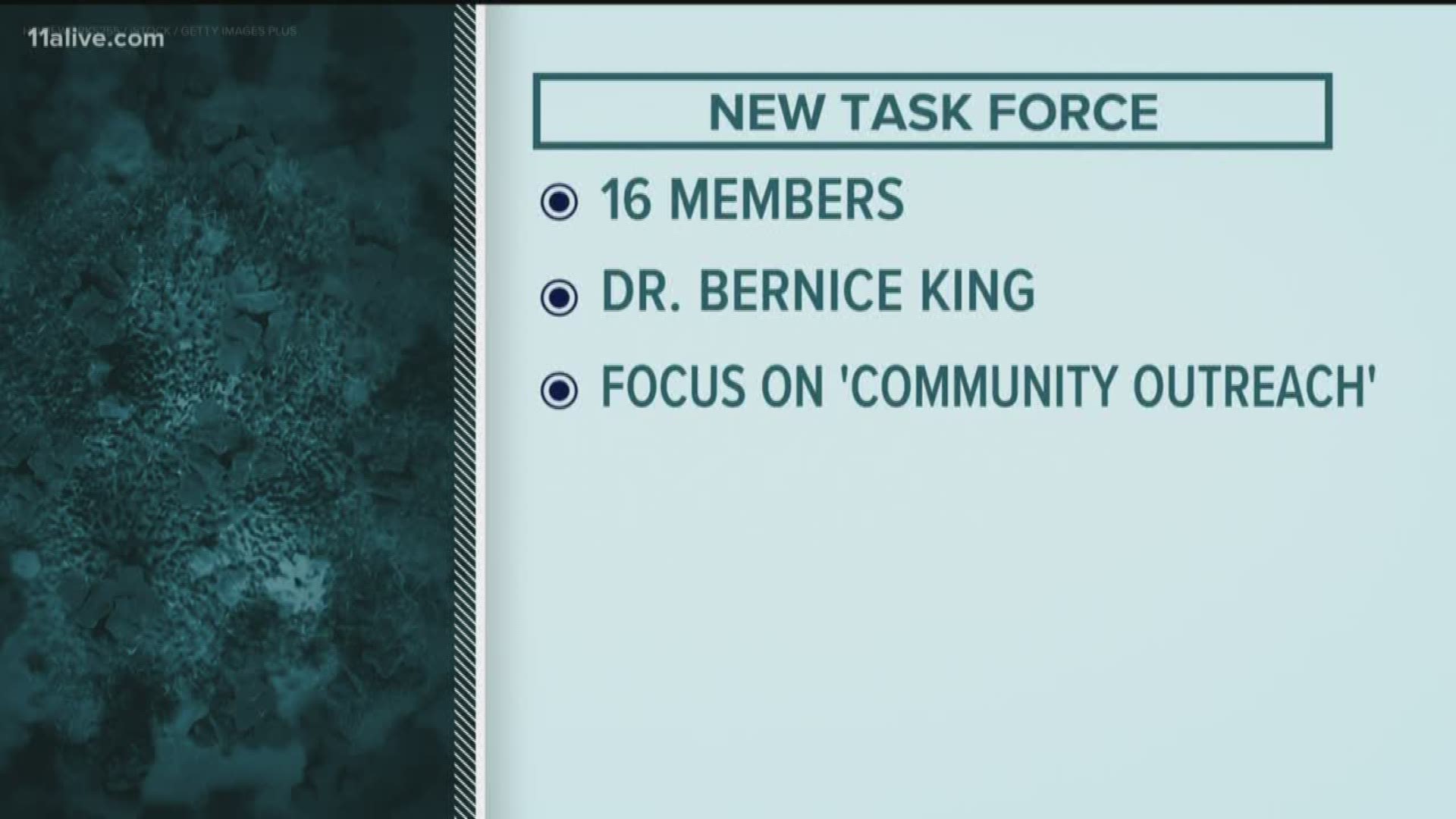 It's made up of 16 members including Dr. Bernice King who co-chairs the task force focused on community outreach.